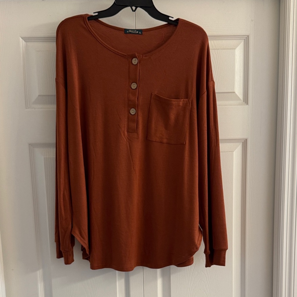 Long Sleeve Rust Burnt Orange Top with Buttons